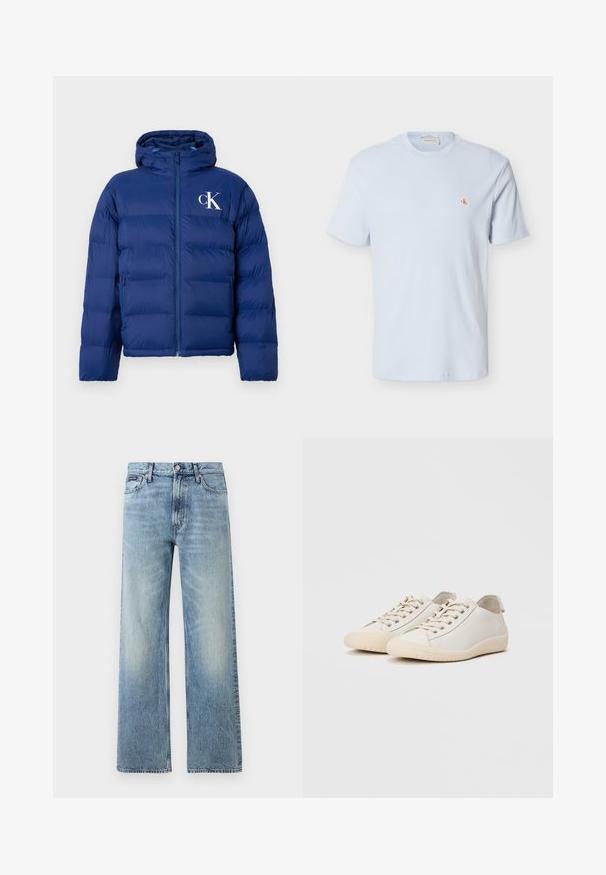 Marineblaue Steppjacke mit Kapuze, Frontreißverschluss, Seitentaschen und weißem "cK"-Logo auf der linken Brust.; Hellblaues, kurzärmeliges Waffelstrick-T-Shirt mit Rundhalsausschnitt und kleinem rotem "CK"-Logo-Patch auf der linken Brust.; Hellblaue Jeans mit geradem Bein, hohem Bund, fünf Taschen, Knopfverschluss und dezentem Verblassen an Oberschenkeln und Knien.; Weiße Sneaker aus glattem Leder mit tonalem Nähten, Schnürverschluss, runder Zehenpartie und einer strukturierten Gummisohle.