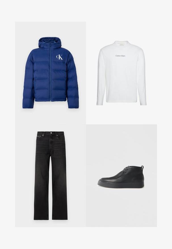 Navyblauwe gewatteerde jas met capuchon, voorrits, zijzakken en wit "cK" logo op de linkerborst.; Wit shirt met lange mouwen en ronde hals met "Calvin Klein" in het zwart gedrukt, gecentreerd op de borst.; Zwarte jeans met rechte pijpen, vijf zakken, riemlussen en knoopsluiting, weergegeven op een witte achtergrond.; Zwarte leren enkelboot met een gestructureerd oppervlak, vetersluiting aan de voorkant, een hefboom aan de hiel en een dikke rubberen zool op een lichte achtergrond.