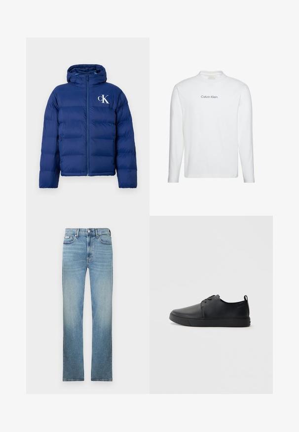 Marineblaue Steppjacke mit Kapuze, Frontreißverschluss, Seitentaschen und weißem "cK"-Logo auf der linken Brust.; Weißes Langarmshirt mit Rundhalsausschnitt und schwarzem Druck "Calvin Klein" mittig auf der Brust.; Hellblaue Jeans aus Denim mit geradem Bein, Fünf-Taschen-Design und ausgewaschenem Finish. Verfügt über einen Knopfleisten-Verschluss und Gürtelschlaufen.; Schwarze Leder-Sneaker mit glatter Oberfläche, abgerundeter Zehenpartie, gleichfarbiger Nähte, schnürbarem Vorderteil und flacher Gummisohle. Schlaufe an der Ferse.