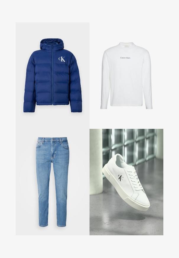 Navyblauwe gewatteerde jas met capuchon, voorrits, zijzakken en wit "cK" logo op de linkerborst.; Wit shirt met lange mouwen en ronde hals met "Calvin Klein" in het zwart gedrukt, gecentreerd op de borst.; Lichtblauwe denim jeans met een rechte pasvorm, vijf zakken en subtiele vervaging. Voorzien van een knoopsluiting en riemlussen.; Witte Calvin Klein sneaker met veters, zwevend getoond boven een gepolijste betonnen vloer en een achtergrond van glasblokken.