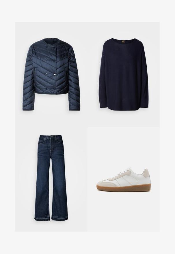 Marineblå pufferjakke med cropped design, chevron quiltning, dobbeltknaplukning og sidelommer. Glat, shiny overflade.; Mørkeblå sweater lavet af blødt materiale, med rund halsudskæring, lange ærmer og en afslappet pasform. Ingen mønstre eller hardware detaljer synlige.; Højtaljede, vide jeans lavet af mørkt denim. Modellen har frynsete kanter og et femlomme-design med synlige sømme.; Hvide lædersneakers med beige ruskindsdetaljer, struktureret tunge og gummisål. Har hvide snørebånd og diskrete stikninger.