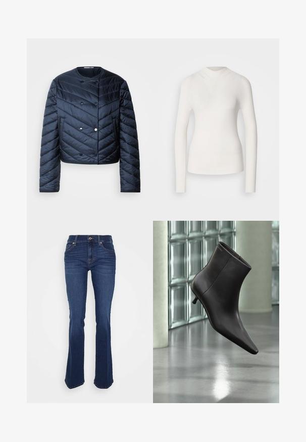 Námornícky modrá prešívaná bunda s cropped strihom, chevronovým prešívaním, dvojradovým zapínaním a bočnými vreckami. Hladká, lesklá textúra.; Biely top s dlhým rukávom a vysokým golierom, rebrovaná štruktúra a priliehavý strih. Vyznačuje sa bezšvovým vzhľadom a jemným tvarom V na prednej strane.; Rozšírené modré džínsy vyrobené z denimu, s vysokým pásom, prednými vreckami a kontrastným stehmi. Látka má hladkú textúru.; Čierna kožená členková obuv s ostrou špičkou a nízkym podpätkom, zobrazená na pozadí steny zo sklenených blokov a leštenej podlahy.