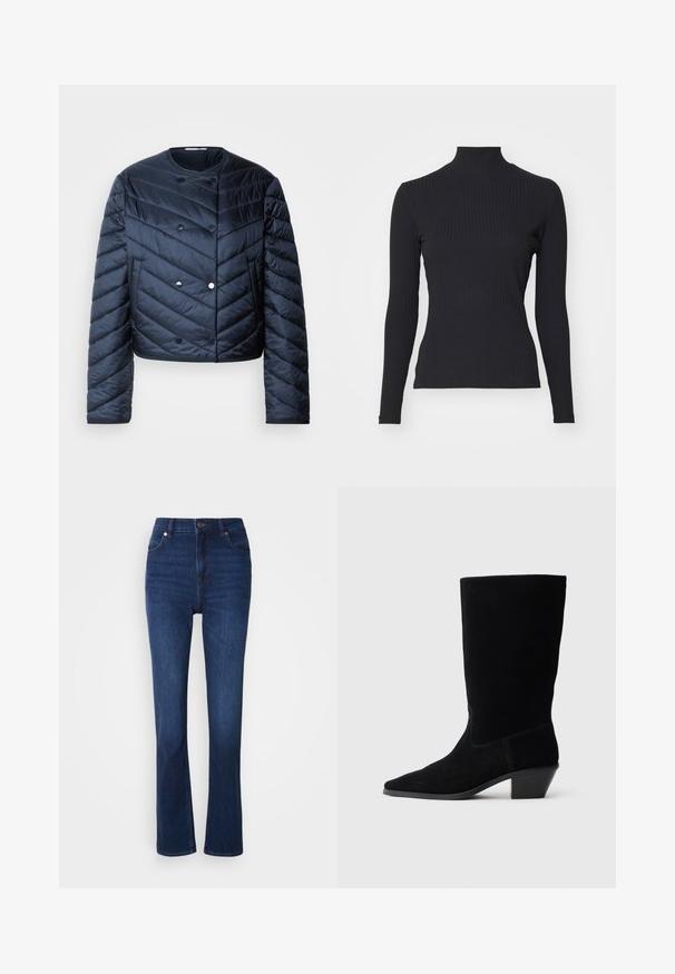 Marineblå pufferjakke med cropped design, chevron quiltning, dobbeltknaplukning og sidelommer. Glat, shiny overflade.; Sort ribbet turtle-sweater med lange ærmer. Lavet af strækbart stof med en tætsiddende pasform og høj krave. Enkel design uden udsmykninger.; Jeans i mørkeblå denim med høj talje. Har klassisk fem-lommestil og let flared design forneden.; Sort ruskind ankelstøvle med spidse tæer, mellemhøj skaft og en chunky hæl. Fuldender et minimalistisk design med lidt syninger og en glat tekstur.