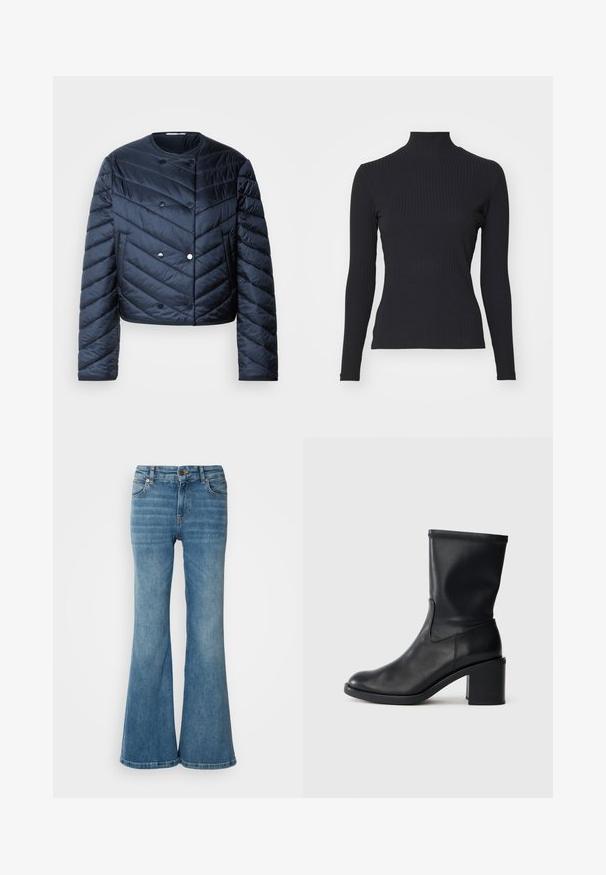 Chaqueta de plumas de color azul marino con diseño cropped, acolchado en forma de chevron, botones dobles y bolsillos laterales. Textura suave y brillante.; Top negro de cuello alto con costillas y mangas largas. Fabricado con una tela elástica con forma ajustada y cuello alto. Diseño simple sin adornos.; Vaqueros de mezclilla de color azul claro, acampanados, que cuentan con cinco bolsillos, costuras visibles y un cierre de botón y cremallera en la cintura.; Botín negro de cuero hasta el tobillo con punta redonda, textura suave y tacón grueso, que presenta un eje ajustado y un sutil detalle de costura.