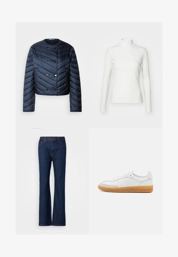 Marineblå pufferjakke med cropped design, chevron quiltning, dobbeltknaplukning og sidelommer. Glat, shiny overflade.; Hvid ribbet turtleneck blouse med lange ærmer, lavet af elastisk stof. Har et tætsiddende design og høj hals for god dækning.; Sprøde blå denim jeans med høj talje, der har en glat overflade, metalknaplukning og fem-pockets design.; Hvide lædersneakers med beige ruskindsdetaljer, gummisål og snøredesign. Har diskret branding i guld.