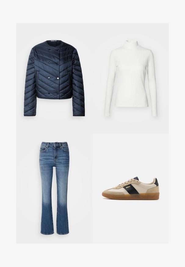 Marineblå pufferjakke med cropped design, chevron quiltning, dobbeltknaplukning og sidelommer. Glat, shiny overflade.; Hvid ribbet turtleneck blouse med lange ærmer, lavet af elastisk stof. Har et tætsiddende design og høj hals for god dækning.; Denim flared jeans i lys til mørk blå gradient, med høj talje, fem lommer og lys falming på de nederste ben.; BOSS BRENTA - Sneakers - medium beige