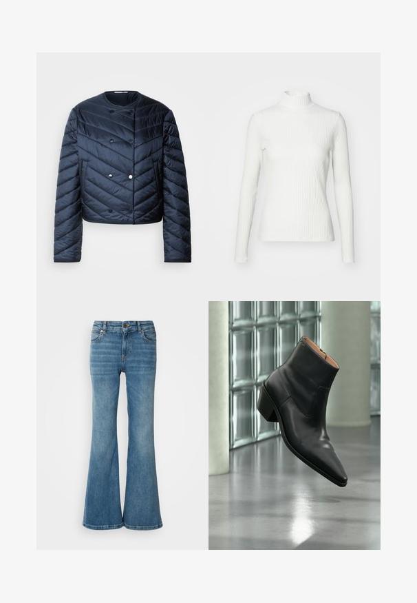Námornícky modrá prešívaná bunda s cropped strihom, chevronovým prešívaním, dvojradovým zapínaním a bočnými vreckami. Hladká, lesklá textúra.; Biely rebrovaný rolák s dlhými rukávmi, vyrobený z elastického materiálu. Má priliehavý strih a vysoký golier pre lepšie zakrytie.; Svetlo modré rozšírené džínsy z denimu, so piatimi vreckami, viditeľným šitím a zapínaním na gombík a zips v páse.; Čierna kožená členková obuv s ostrou špičkou a blokovým podpätkom vznášajúca sa nad odrazovou sivou podlahou pri stene zo sklenených blokov.