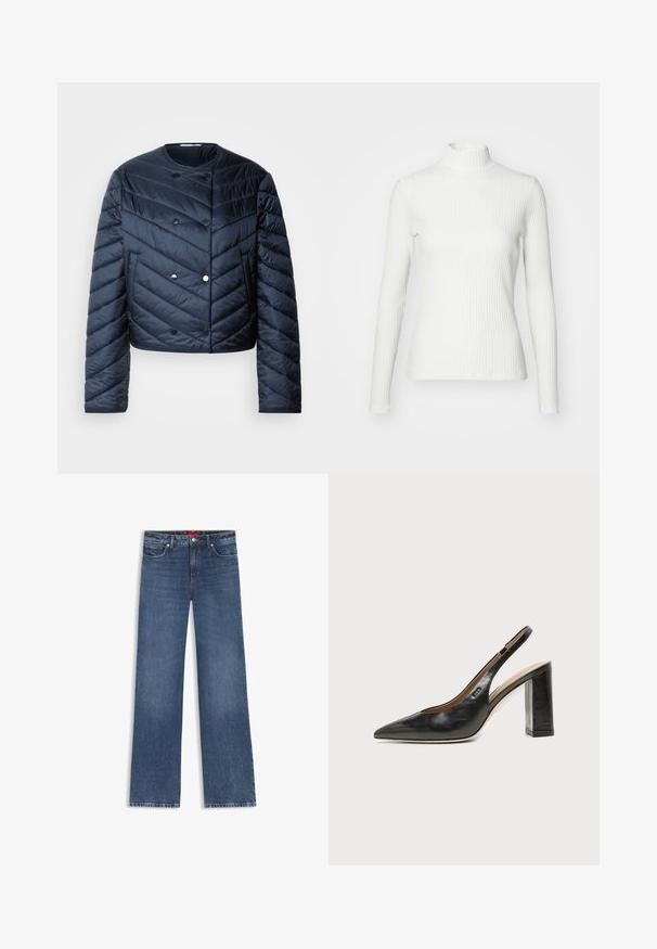 Námornícky modrá prešívaná bunda s cropped strihom, chevronovým prešívaním, dvojradovým zapínaním a bočnými vreckami. Hladká, lesklá textúra.; Biely rebrovaný rolák s dlhými rukávmi, vyrobený z elastického materiálu. Má priliehavý strih a vysoký golier pre lepšie zakrytie.; Modré rifle s rovnými nohavicami, prednými vreckami, pútkami na opasok a zapínaním na gombík.; Čierna kožená slingback obuv s špicatou špičkou, vysokým hrubým podpätkom a béžovou vnútornou podšívkou na svetlom jednofarebnom pozadí.