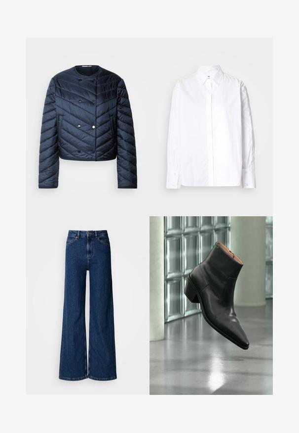Námornícky modrá prešívaná bunda s cropped strihom, chevronovým prešívaním, dvojradovým zapínaním a bočnými vreckami. Hladká, lesklá textúra.; Biela košeľa s klasickým golierom, dlhými rukávmi a manžetami. Vyrobená z hladkej tkaniny, má stredný zips.; Džínsy s širokými nohavicami v tmavom praní z denimu, s vysokým pásom, klasickým dizajnom s piatimi vreckami a jemnými švami pozdĺž švov.; Čierna kožená členková obuv s ostrou špičkou a blokovým podpätkom vznášajúca sa nad odrazovou sivou podlahou pri stene zo sklenených blokov.