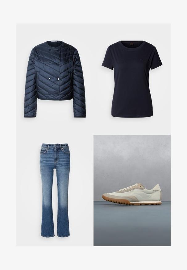 Námornícky modrá prešívaná bunda s cropped strihom, chevronovým prešívaním, dvojradovým zapínaním a bočnými vreckami. Hladká, lesklá textúra.; Námornícka modrá tričko s krátkym rukávom z bavlny, s okrúhlym výstrihom a malým vyšitým logom na hrudi. Hladká textúra.; Džínsy s rozšírenými nohavicami v modrej farebnej gradácii od svetlej po tmavú, s vysokým pásom, piatimi vreckami a svetlým vyblednutím na spodnej časti nohavíc.; Biele a béžové tenisky s hladkým zvrškom a akcentmi z semišu, textúrovanou podrážkou a tónovým prešívaním. Šnurovanie s detailom loga.