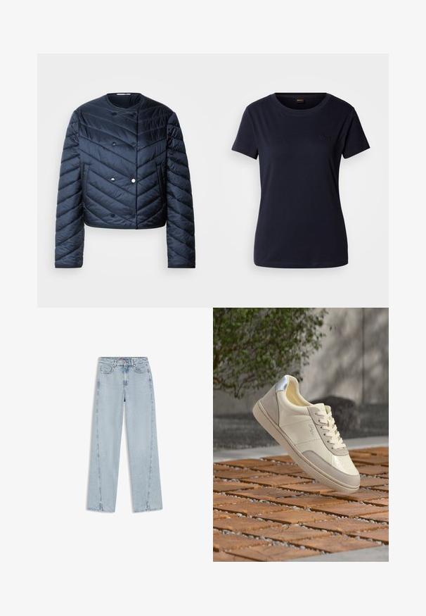Marineblauwe pufferjack met een cropped ontwerp, chevron quiltpatroon, dubbelrijgknopen en zijzakken. Gladde, glanzende textuur.; Navyblauwe T-shirt met korte mouwen, gemaakt van katoen, met een ronde hals en een klein geborduurd logo op de borst. Soepele textuur.; Lichtblauwe hoge taille rechte denim jeans met voorzakken, riemlussen, knoopsluiting en kleine spleetjes aan de onderzomen.; Beige en crème kleurige sneaker met zilveren hieldetail, veters gestrikt, geplaatst bovenop een betegeld houten oppervlak met een wazige achtergrond van groen en een muur.