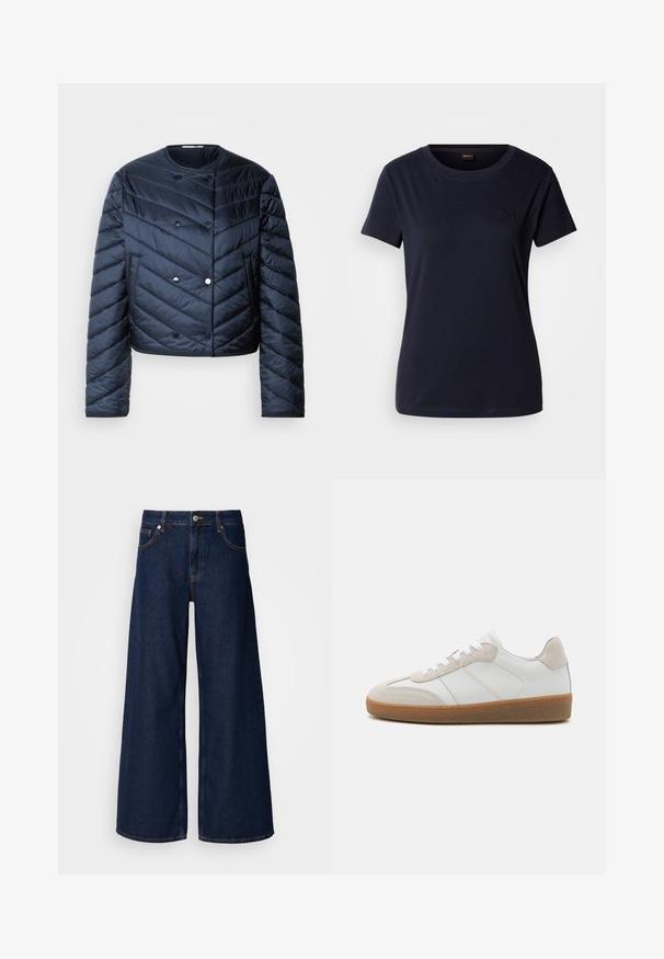 Námornícky modrá prešívaná bunda s cropped strihom, chevronovým prešívaním, dvojradovým zapínaním a bočnými vreckami. Hladká, lesklá textúra.; Námornícka modrá tričko s krátkym rukávom z bavlny, s okrúhlym výstrihom a malým vyšitým logom na hrudi. Hladká textúra.; Široké tmavomodré denimové džínsy s vysokým pásom, prednými vreckami a zapínaním na gombík. Obsahujú kontrastné švy a hladkú textúru.; Biele kožené tenisky s béžovými semišovými akcentmi, textúrovaným jazykom a gumovou podrážkou. Obsahuje biele šnúrky a nenápadné šité detaily.