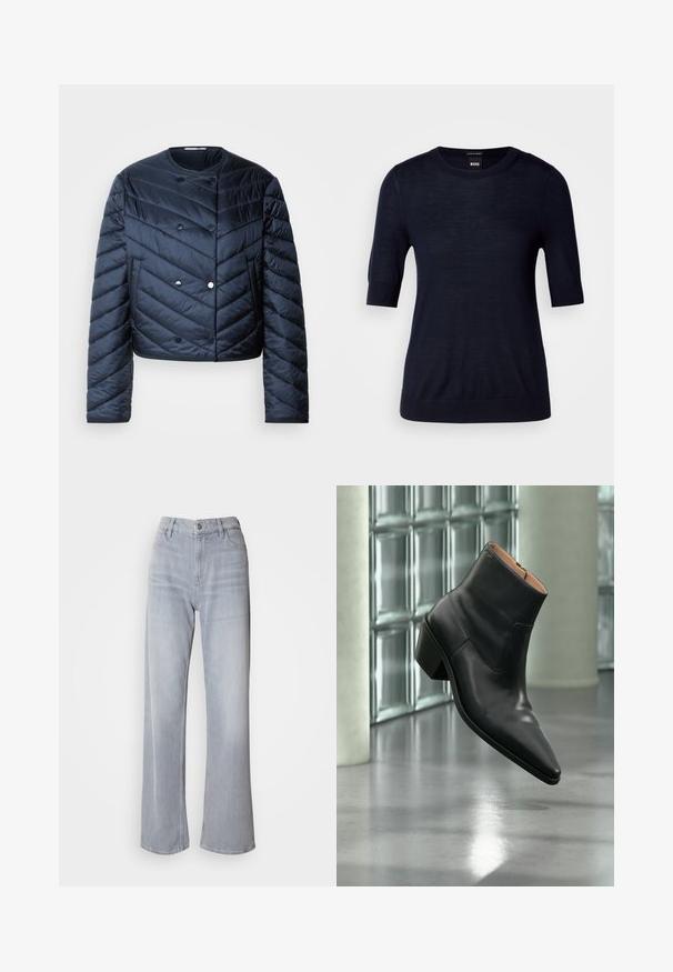 Námornícky modrá prešívaná bunda s cropped strihom, chevronovým prešívaním, dvojradovým zapínaním a bočnými vreckami. Hladká, lesklá textúra.; Námornícky modrý krátky rukáv sveter vyrobený z ľahkého pleteného materiálu. Má okrúhly výstrih a rebrovaný lem pre prispôsobený vzhľad.; Svetlošedé rifle s širokými nohavicami a vysokým pásom, vyrobené z denimu. Obsahujú predné vrecká, zips a jemné vyblednutie po celom povrchu.; Čierna kožená členková obuv s ostrou špičkou a blokovým podpätkom vznášajúca sa nad odrazovou sivou podlahou pri stene zo sklenených blokov.