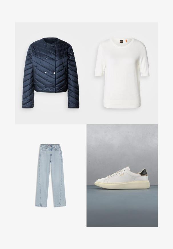 Marineblaue Steppjacke mit cropped Design, Zickzack-Steppung, Doppelknopfverschluss und seitlichen Taschen. Glatte, glänzende Textur.; Weißes kurzärmeliges Strickoberteil mit Rundhalsausschnitt, geripptem Saum und weicher Textur. Logostreifen mit orangem Akzent am Kragen.; Hellblaue High-Waist Straight-Leg Jeans mit vorderen Taschen, Gürtelschlaufen, Knopfverschluss und kleinen Schlitzen am unteren Saum.; Weiße Sneaker mit einem Obermaterial aus glattem Leder, ausgestattet mit einer tanfarbenen und schwarzen Lederfersenkappe, runden Schnürsenkeln und einer massiven beige Gummisohle. Goldene Logo-Details.