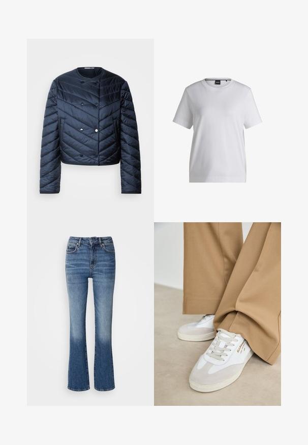 Námornícky modrá prešívaná bunda s cropped strihom, chevronovým prešívaním, dvojradovým zapínaním a bočnými vreckami. Hladká, lesklá textúra.; Biela bavlnená tričko s okrúhlym výstrihom, krátkymi rukávmi a voľným strihom. Obsahuje malú značkovú nálepku blízko goliera.; Džínsy s rozšírenými nohavicami v modrej farebnej gradácii od svetlej po tmavú, s vysokým pásom, piatimi vreckami a svetlým vyblednutím na spodnej časti nohavíc.; Biele tenisky s semišovými akcentmi, textúrovanými šnúrkami a gumovou podrážkou. V páre s voľnými béžovými nohavicami. Logo zobrazené na boku.