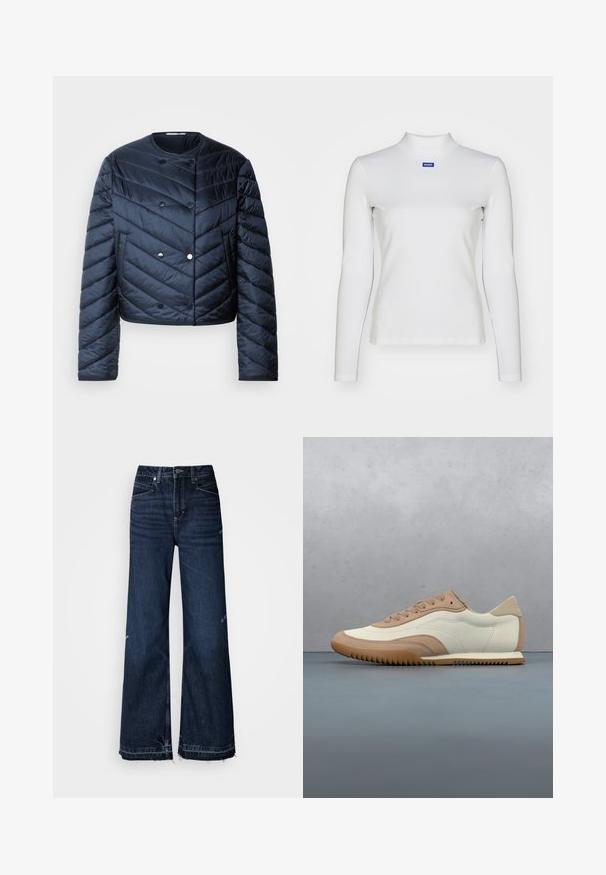 Námornícky modrá prešívaná bunda s cropped strihom, chevronovým prešívaním, dvojradovým zapínaním a bočnými vreckami. Hladká, lesklá textúra.; Biely dlhý rukáv turtleneck top vyrobený z elastického materiálu, s priliehavým strihom a malým modrým logom na hrudi.; Rifle s vysokým pásom a širokými nohavicami vyrobené z tmavého denimu. Majú ošúchané lemy a dizajn s piatimi vreckami so zvýrazneným šitím.; Krémovo-hnedá teniska s textúrovaným vrchným dielom, šnúrkami a gumovou podrážkou, zobrazená nad dreveným povrchom s kamienkami.
