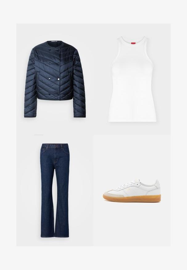 Námornícky modrá prešívaná bunda s cropped strihom, chevronovým prešívaním, dvojradovým zapínaním a bočnými vreckami. Hladká, lesklá textúra.; Biely bezrukávový rebrovaný tanktop s vysokým okrúhlym výstrihom a priliehavým strihom zobrazený na jednoduchom svetlom pozadí.; Modré riflové nohavice s rozšírenými nohavicami a vysokým pásom, s hladkou textúrou, kovovým zapínaním a dizajnom s piatimi vreckami.; Biele kožené tenisky s béžovými semišovými detailmi, gumenou podrážkou a šiškami na viazanie. Obsahujú jemné značkovanie v zlatej farbe.