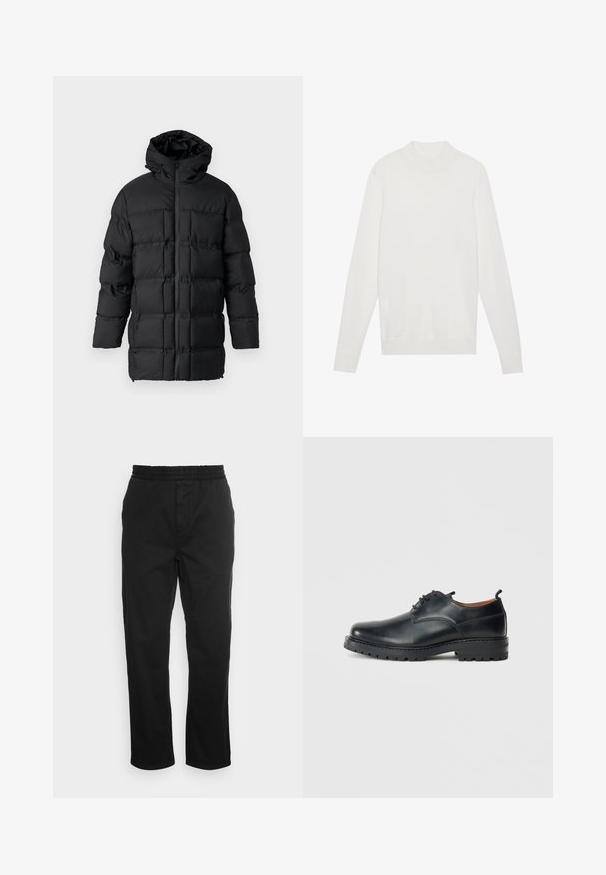 Sort puffjakke med hætte, lynlås-lukning, quiltet design med rektangulære paneler og en glat overflade.; Hvid pullover sweater med høj halsudskæring, lange ærmer og ribbede manchetter og kant. Fremstillet af et blødt strikket stof. Simpelt og tætsiddende design.; Sorte bomuldsbukser med elastisk talje, lige ben og sidelommer. Glat tekstur uden mønstre eller accenter.; Sorte læder derby-sko med en glat overflade, rund tå, snøre-design og en tyk, robust gummisål.