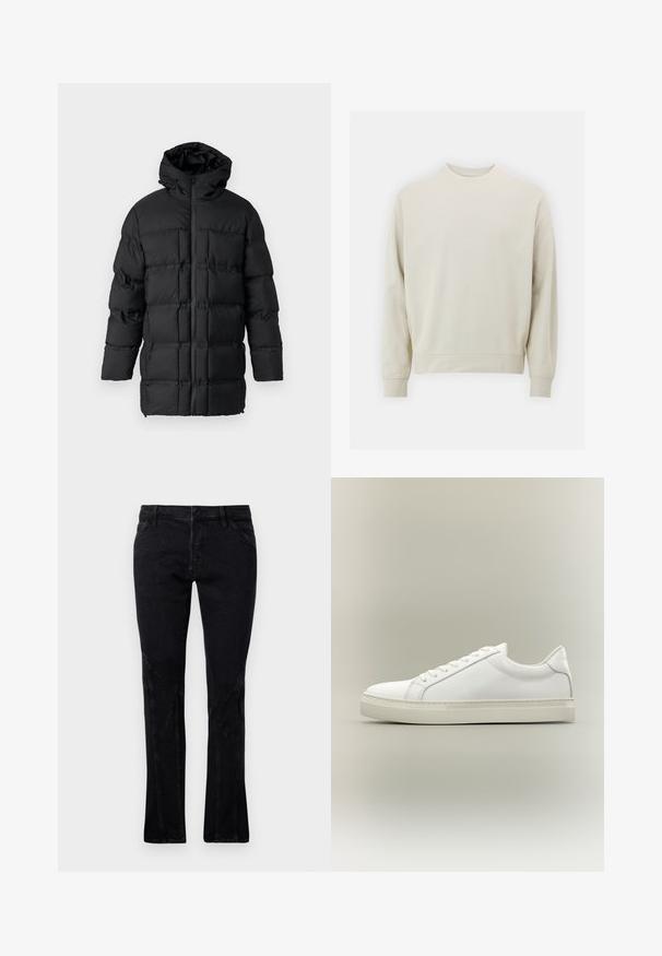 Must on must teguri jope, millel on kapuuts, lukuga sulgemine, tikandiga disain, millel on ristkülikukujulised paneelid ja sile tekstuur.; Soehking heegrebees värviga sweatshirt pehmest kangast, ümmarguse kaelusega, pikkade varrukatega ja ribanitest mansettide ja alläärega. Minimalistlik disain, ilma nähtavate mustriteta.; Mustmustelased teksad otse lõikega, millel on peened õmblusdetailid ja viis taskut, sile tekstuur ja keskmise kõrgusega vöökoht.; Valge madala säärega toss, ees paeladega ja paksu taldosa, külje pealt neutraalsel taustal.