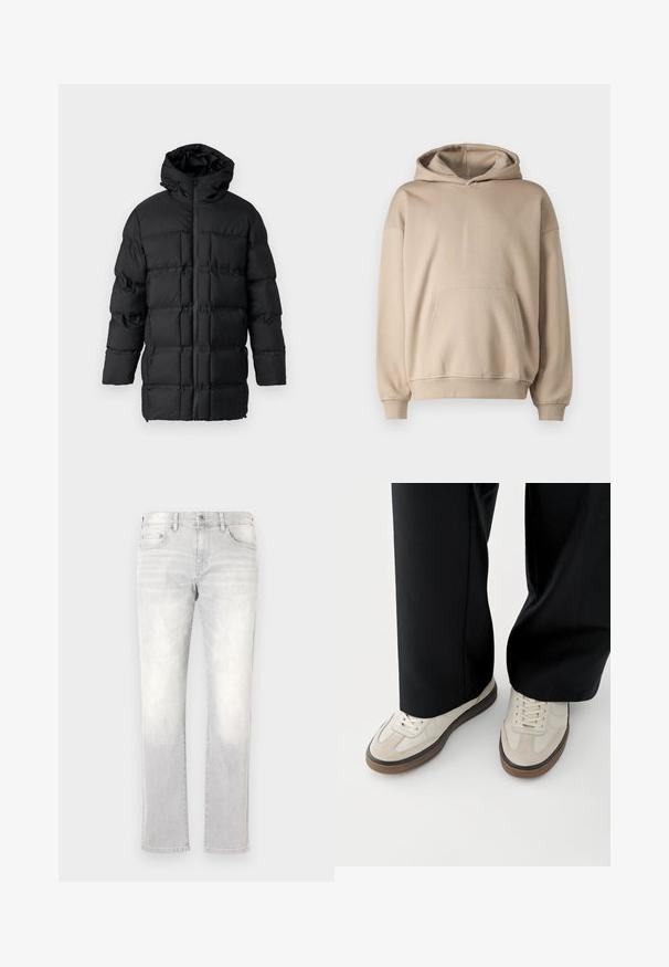 Sort puffjakke med hætte, lynlås-lukning, quiltet design med rektangulære paneler og en glat overflade.; Beige hætte sweatshirts, blødt stof, løs pasform, kengurulomme, ribbede manchetter og kant, minimalistisk design, glat tekstur.; Lys grå denim jeans med lige ben, subtile falmninger, forlommer og en enkelt baglomme. Klassisk knap- og lynlås-lukning.; Fødder iført beige sneakers med brune såler og sorte bukser med vide ben på hvid baggrund.