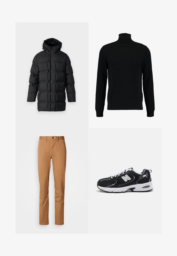 Sort puffjakke med hætte, lynlås-lukning, quiltet design med rektangulære paneler og en glat overflade.; Sort turtleneck sweater lavet af et blødt strikmateriale. Har lange ærmer, ribbet krave og kant. Enkel, slank design uden mønstre.; Slim-fit khakibukser med knap- og lynlåslukning, bæltestropper og sidelommer mod en hvid baggrund.; Sorte og grå sportssko med mesh og ruskind på overdelen, der har en hvid mellemsål, snørebånd og et iøjnefaldende "N" logo på siden.
