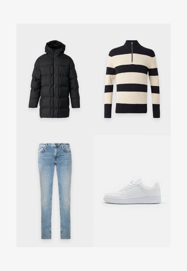 Sort puffjakke med hætte, lynlås-lukning, quiltet design med rektangulære paneler og en glat overflade.; Sort og beige stribet ribstrik sweater med lange ærmer og en kort sølvlynlås ved den høje krave.; Lyseblå denimjeans med lige ben, der har en falmet finish, forlommer og kontrasterende syninger. Rene kanter ved kanten.; Hvide sneakers lavet af glat syntetisk materiale, med flade snørebånd, perforeret tå og en gummisål med et tekstureret grebmønster.