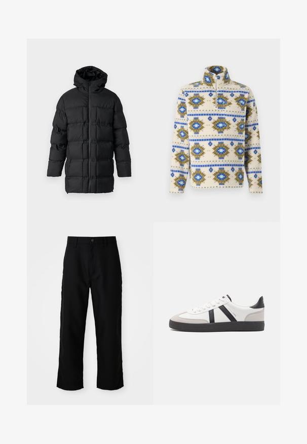 Mustapuffatakki, jossa on huppu, vetoketjusulku, tikattu muotoilu suorakulmaisilla paneeleilla ja sileä pinta.; Kerma fleece pullover dengan pola geometris biru dan zaitun, dilengkapi penutup setengah zip di depan, dan kerah tinggi.; Mustat suorat housut vyölenkeillä, etunapilla ja vetoketjulla yksinkertaisella vaalealla taustalla.; Valkoiset lenkkarit mustilla ja harmailla yksityiskohdilla, joissa on teksturoitu harmaa kärki, musta kumipohja ja litteät valkoiset nauhat. Siisti muotoilu, minimalistinen tyyli.