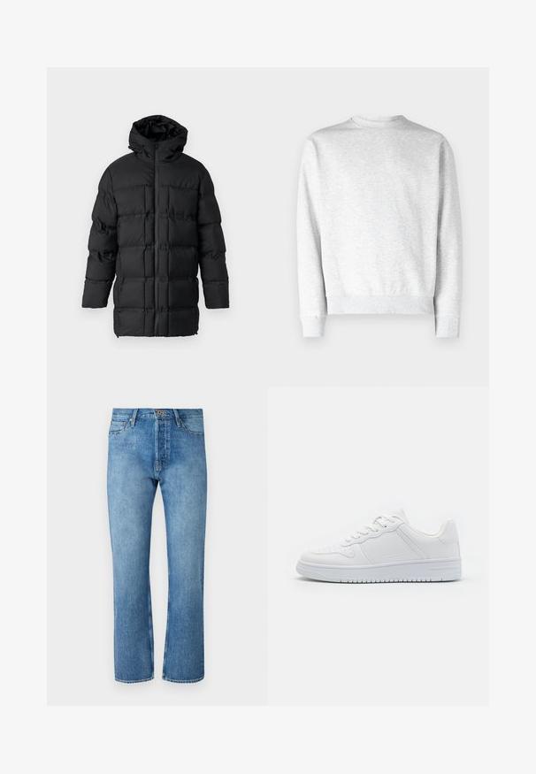 Schwarze Pufferjacke mit Kapuze, Reißverschluss, gestepptem Design mit rechteckigen Paneelen und glatter Textur.; Helles graues Sweatshirt mit Rundhalsausschnitt aus weichem Fleece-Material, mit gerippten Bündchen und Saum, und einer glatten Textur.; Helle blaue Jeans mit geradem Bein, ausgestattet mit einem klassischen Fünf-Taschen-Design, einem Knopfverschluss und kontrastierenden Nähten.; Weiße Sneaker aus glattem Synthetikmaterial, ausgestattet mit flachen Schnürsenkeln, perforierter Zehenpartie und einer gummierten Sohle mit einem strukturierten Grip-Muster.