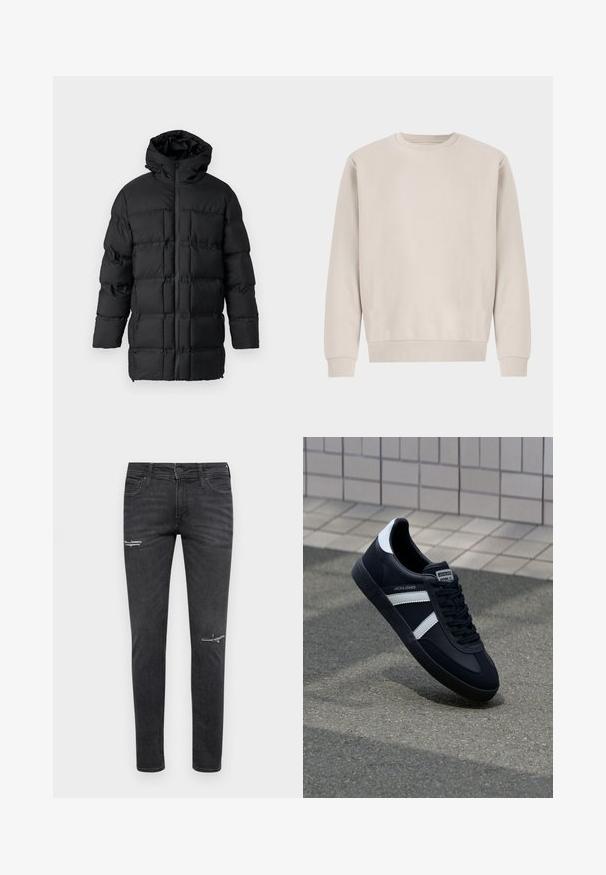 Schwarze Pufferjacke mit Kapuze, Reißverschluss, gestepptem Design mit rechteckigen Paneelen und glatter Textur.; Beige Sweatshirt mit Rundhalsausschnitt aus weicher Baumwolle, mit einem lockeren Schnitt, Rippbündchen und -saum, ohne sichtbare Muster oder Beschläge.; Schwarze Skinny-Jeans aus Denim mit distressierten Details an den Knien, Fünf-Taschen-Design und einem klassischen Knopf- und Reißverschluss.; Schwarze Leder-Sneaker mit weißen Streifen, strukturiertem Gummisohle und Schnürung. Verfügt über ein Markenetikett auf der Zunge.