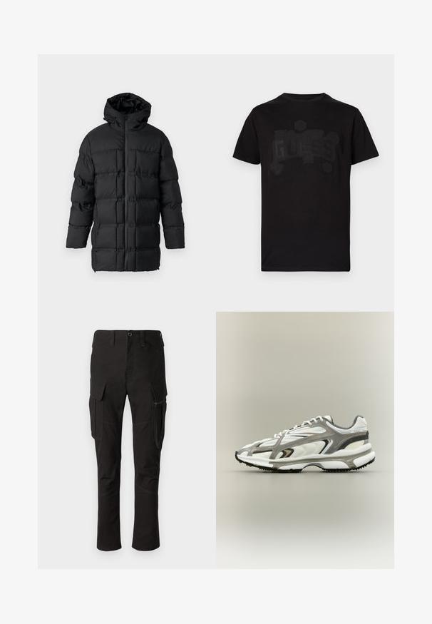 Sort puffjakke med hætte, lynlås-lukning, quiltet design med rektangulære paneler og en glat overflade.; Sort bomulds-T-shirt med korte ærmer og rund halsudskæring. Har et tonalt præget "GUESS"-logo design, fremhævet med dekorative elementer.; Sorte cargo bukser med flere lommer, lynlåslomme på siden og forstærkede syninger, der har en lige ben-design og holdbart stof.; Sportssko med en hvid mesh-overdel, grå accenter, sort gummisål og et strømlinet design. Har snørebånd og strukturerede detaljer.