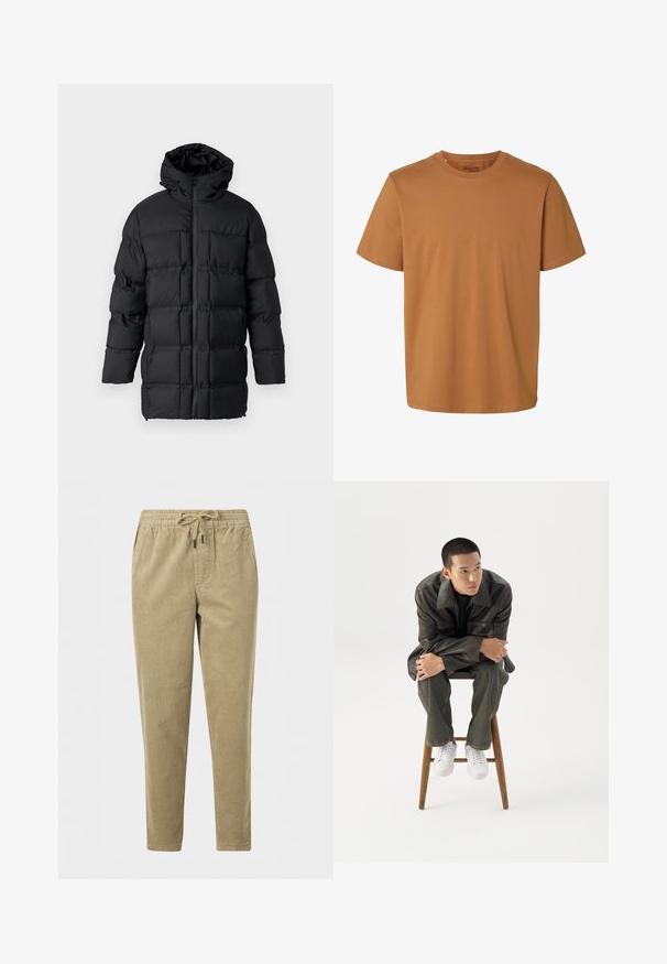 Sort puffjakke med hætte, lynlås-lukning, quiltet design med rektangulære paneler og en glat overflade.; Enkelt brun kortærmet bomulds-T-shirt med rund hals og almindelig pasform, mærket "Selected Homme" inde i kraven.; Lysebrune manchesterbukser med elastisk talje og snøre, med lige ben og sidelommer.; Ung mand i mørk læderjakke og jeans sidder på en træskammel, læner sig fremad med armene krydset og kigger til siden mod hvid baggrund.