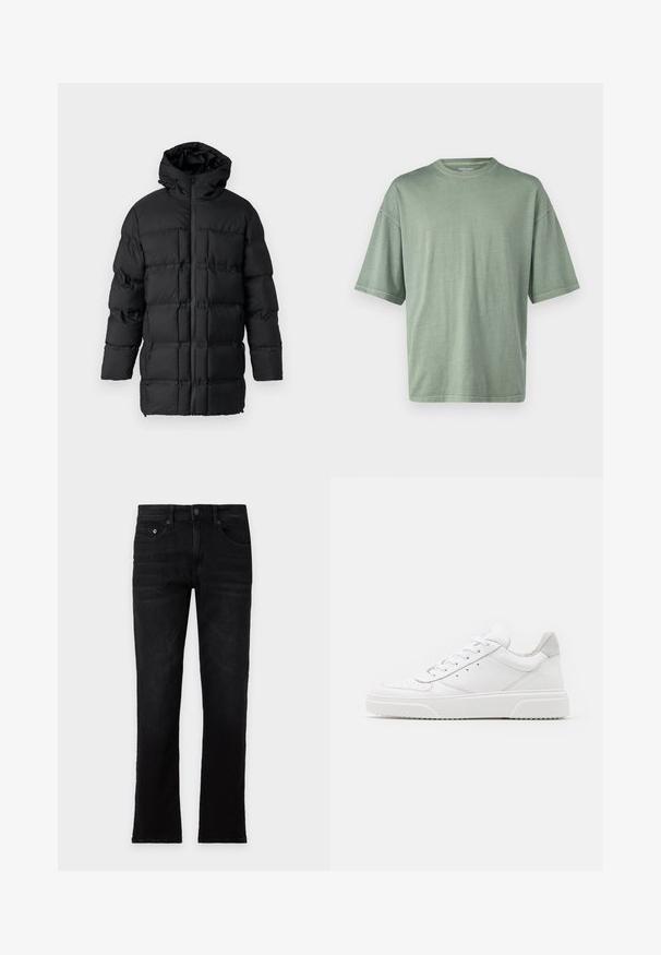 Schwarze Pufferjacke mit Kapuze, Reißverschluss, gestepptem Design mit rechteckigen Paneelen und glatter Textur.; Helles grünes Kurzarm-T-Shirt mit rundem Halsausschnitt und lockerer Passform; aus weichem Material mit glatter Textur gefertigt.; Schwarze Jeans mit geradem Bein, Vorder- und Gesäßtaschen, Knopf- und Reißverschluss, flach auf hellem Hintergrund ausgelegt. Keine sichtbaren Gebrauchsspuren oder Markenkennzeichnung.; Weiße Leder-Sneaker mit glatter Oberfläche, rundem Zehenbereich, flachen Schnürsenkeln und strukturiertem Schuhsohlen. Graues Wildleder-Detail an der Ferse.