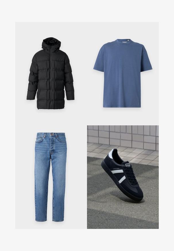Zwarte pufferjack met capuchon, ritsluiting, gestikte ontwerp met rechthoekige panelen en een gladde textuur.; Blauwe T-shirt met korte mouwen van zacht katoen, met een ronde hals en een relaxte pasvorm, met minimale stikdetails.; Lichtblauwe denim jeans met een rechte pasvorm, vijf zakken en een knoopsluiting. Vervaagde textuur met lichte slijtage aan de voorkant.; Zwarte leren sneaker met witte strepen, een gestructureerde rubberen zool en vetersluiting aan de voorkant. Voorzien van een merklabel op de tong.