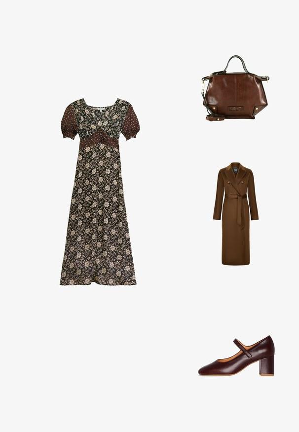 Abrigo marrón de doble botonadura con cintura ceñida, mangas largas y un acabado de tela texturada. Diseño de solapa notable y acentos de botones.; Vestido maxi marrón con estampado floral, mangas cortas abullonadas con lunares blancos, escote en V y panel ajustado en la cintura.; Zapato Mary Jane de cuero burdeos con punta cuadrada, correa ajustable y tacón cuadrado grueso. Textura suave y diseño minimalista.; The Bridge Bandolera - marrone oro