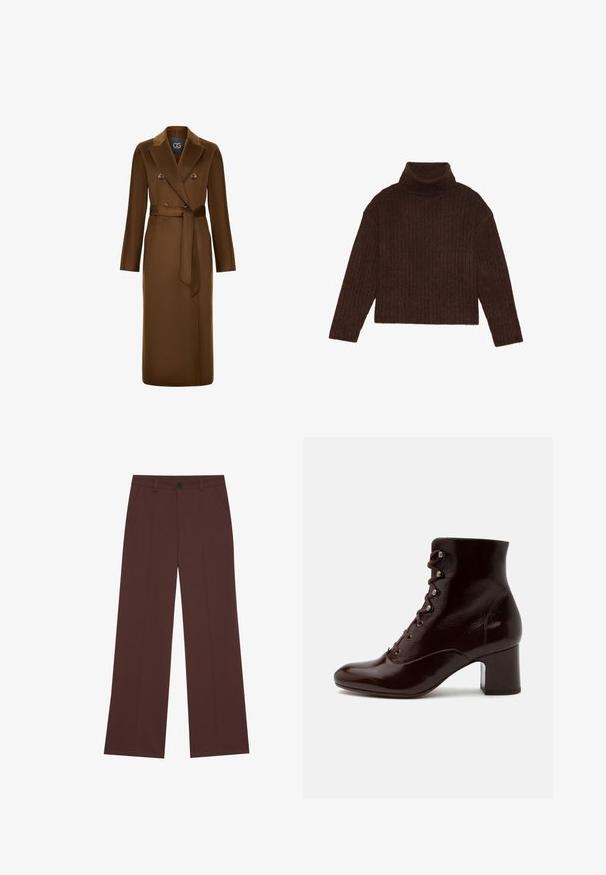 Manteau marron croisé avec une taille ceinturée, des manches longues et une finition en tissu texturé. Design de col remarquable et accents de boutons.; Pull en maille côtelée marron à col roulé, avec des manches longues et une silhouette courte, présentant un design de tricot épais et texturé.; Pantalons larges en tissu brun riche. Équipés d'une fermeture à bouton, de deux poches avant, d'une texture lisse et de lignes épurées.; Bottine marron foncé à forte brillance avec laçage devant, œillets métalliques et talon bloc sur fond blanc.