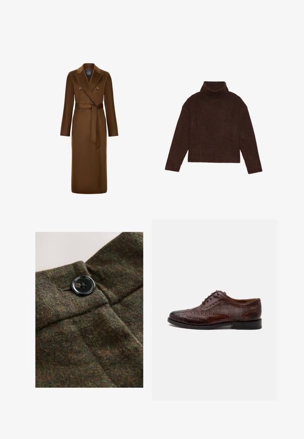 Brun, dobbeltradet frakke med bælte i taljen, lange ærmer og en tekstureret stoffinish. Bemærkelsesværdig reversdesign og knapdetaljer.; Brun ribbet turtleneck sweater med lange ærmer og cropped silhuet, med et tykkere, struktureret strikdesign.; Uldstof i mørkegrøn med flerfarvede prikker, med en sort lukning med fire knapper og syningsdetaljer.; Brun læder herre wingtip selskabssko med brogue-detaljer og ternede stofsider, vist fra siden på en hvid baggrund.