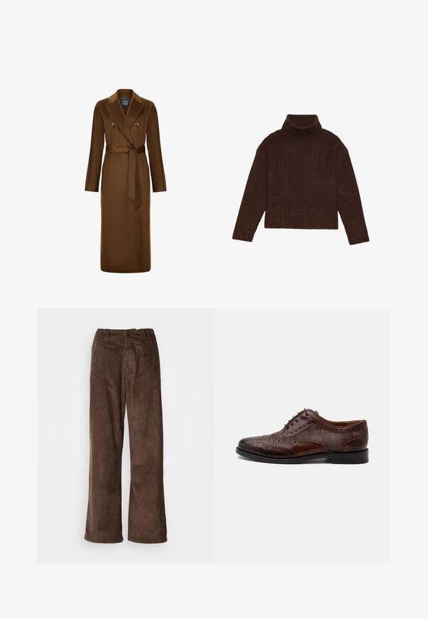 Brun, dobbeltradet frakke med bælte i taljen, lange ærmer og en tekstureret stoffinish. Bemærkelsesværdig reversdesign og knapdetaljer.; Brun ribbet turtleneck sweater med lange ærmer og cropped silhuet, med et tykkere, struktureret strikdesign.; Brune fløjl bukser med en bred benudskæring, der har lodrette ribber og en talje. Stoffet har et blødt, tekstureret udseende.; Brun læder herre wingtip selskabssko med brogue-detaljer og ternede stofsider, vist fra siden på en hvid baggrund.