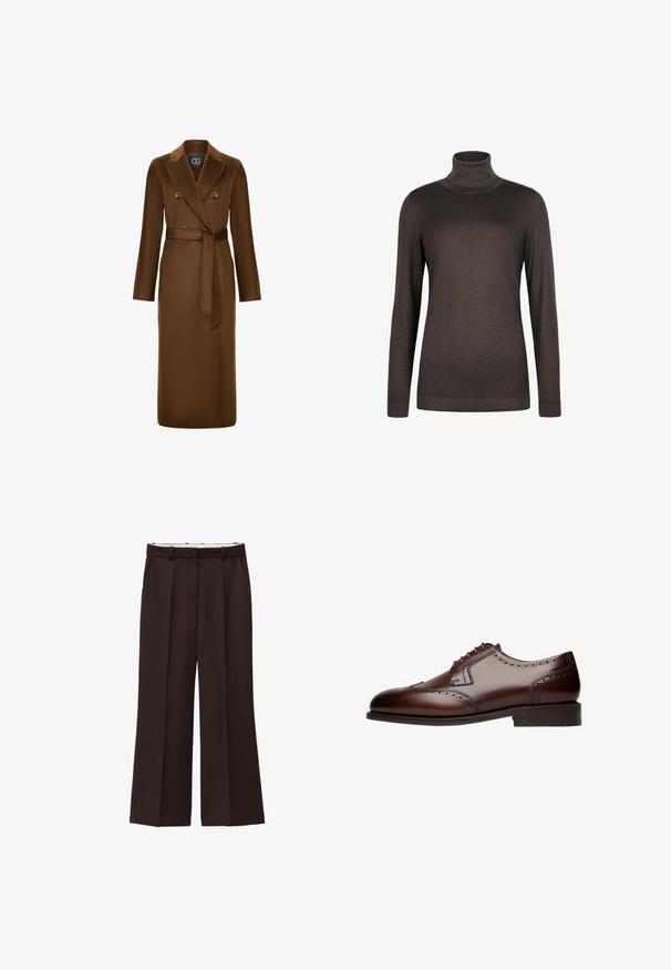 Brauner, doppelt knöpfbarer Mantel mit tailliertem Schnitt, langen Ärmeln und strukturiertem Stofffinish. Auffälliges Reversdesign und Knopfakzente.; Brauner Rollkragenpullover aus weichem Stoff. Mit langen Ärmeln und slim-fit Design. Glatte Textur mit geripptem Kragen und Saum.; Weite Hose aus dunkelbraunem Stoff mit hohem Bund, doppelten Falten und seitlichen Taschen. Glatte Textur mit Gürtelschlaufen.; Braune Leder-Dressschuhe mit Brogue-Details, runder Zehenform und fünf Ösen für die Schnürung, die auf einer flachen, strukturierten Laufsohle ruhen.