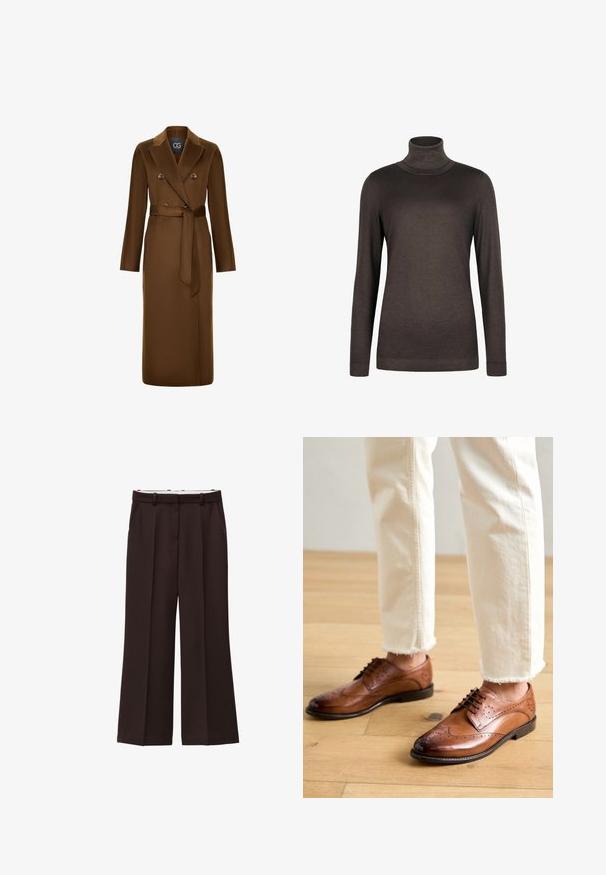 Brun, dobbeltradet frakke med bælte i taljen, lange ærmer og en tekstureret stoffinish. Bemærkelsesværdig reversdesign og knapdetaljer.; Brun turtleneck sweater lavet af blødt stof. Har lange ærmer og et tætsiddende design. Glat tekstur med ribbet hals og kant.; Viddebukser i mørkebrun stof, med høj talje, dobbelte læg og sidelommer. Glat tekstur med bæltestropper.; Brune læder brogue sko med perforerede detaljer, rund tå og en glat overflade, parret med cremede bukser med frynset kant.