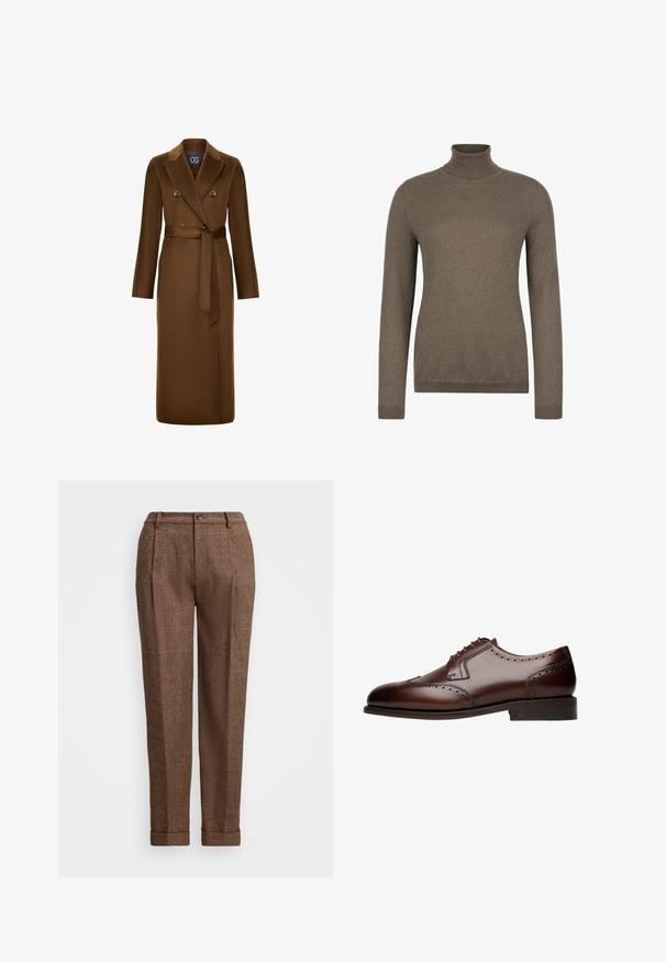 Manteau marron croisé avec une taille ceinturée, des manches longues et une finition en tissu texturé. Design de col remarquable et accents de boutons.; Pull à col roulé marron à manches longues avec col, poignets et ourlet côtelés, présenté sur un fond blanc.; Pantalons à carreaux marron avec une coupe ajustée, présentant des plis, une fermeture à bouton et des ourlets retroussés. Tissu texturé avec des accents orange.; Chaussure de ville en cuir marron avec des détails brogue, bout arrondi et laçage à cinq œillets, reposant sur une semelle plate et texturée.