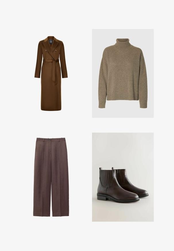 Brun, dobbeltradet frakke med bælte i taljen, lange ærmer og en tekstureret stoffinish. Bemærkelsesværdig reversdesign og knapdetaljer.; Rullekrave sweater i blødt brunt strik. Har brede ribbede manchetter og kant, med en afslappet pasform og tekstureret overflade.; Brune bukser med vidde ben, bæltestropper, forreste knap, lynlås og sidelommer.; Brune læder ankle boots med ribbet elastikpanel, lynlås i siden og en lav blokhæll for stabilitet. Glat tekstur og minimalistisk design.