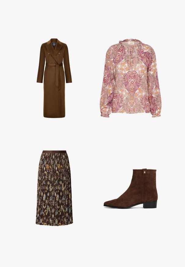 Bruine, dubbelzijdige jas met een ceintuur in de taille, lange mouwen en een gestructureerde stofafwerking. Opvallend ontwerp van de revers en knoopaccenten.; Langarm blouse in een multicolor paisley motief met elastische manchetten, een geplooide halslijn en zachte stof in tinten van roze, oranje en crème.; Bruine geplooide rok met blauw, geel en groen bloemenpatroon en een effen bruine tailleband.; Honzwarte suède enkellaars met een lage zwarte hak en een klein metalen logo dicht bij de bovenkant aan de buitenzijde.