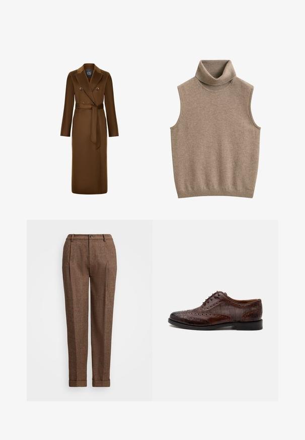 Abrigo marrón de doble botonadura con cintura ceñida, mangas largas y un acabado de tela texturada. Diseño de solapa notable y acentos de botones.; Chaleco de punto beige sin mangas con cuello alto y ribete acanalado en cuello y dobladillo, hecho de tela suave.; Pantalones de cuadros marrones con un corte entallado, que presentan pliegues, cierre de botón y dobladillos rematados. Tejido texturizado con acentos naranjas.; Zapato de vestir masculino wingtip de cuero marrón con detalles brogue y paneles laterales de tela a cuadros, mostrado de perfil sobre fondo blanco.