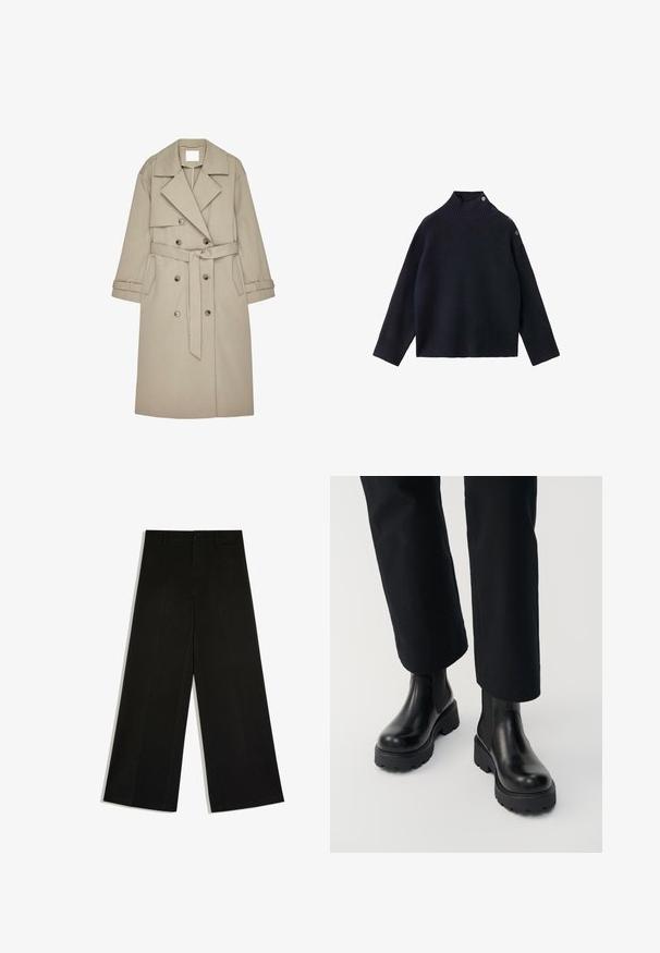 Beige Trenchcoat aus einem strukturierten Stoff, mit doppelt geknöpftem Front, breiten Revers, einem Gürtel und zwei seitlichen Taschen.; Marineblauer, gerippter Rollkragenpullover mit hohem Kragen, drei Metall-Druckknöpfen auf der Schulter und locker sitzenden langen Ärmeln.; Schwarze Hosen mit weitem Bein, Gürtelschlaufen, Knopfverschluss vorne und Reißverschluss, flach auf weißem Hintergrund ausgelegt.; Person trägt schwarze Leder-Stiefeletten mit klobiger Sohle, kombiniert mit schwarzen Straight-Leg-Hosen vor weißem Hintergrund.