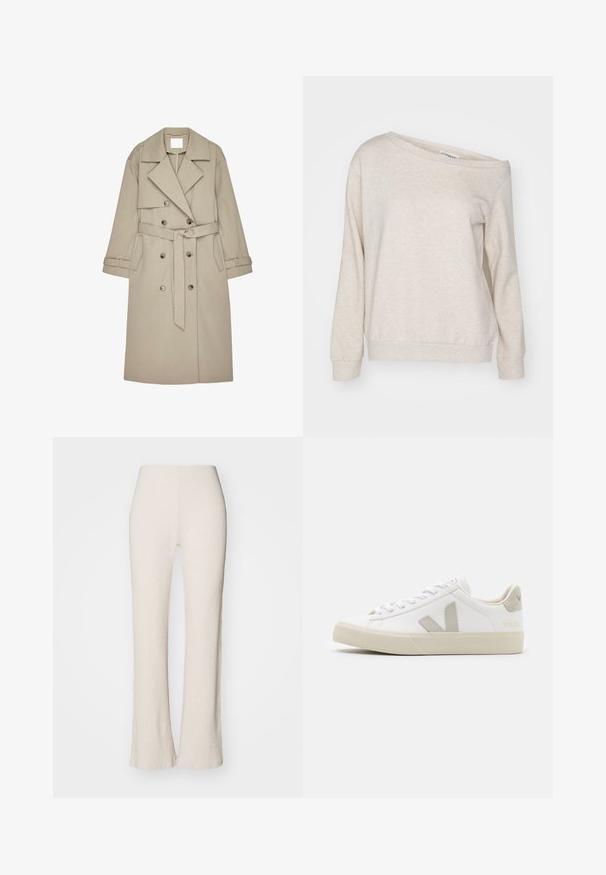 Beige Trenchcoat aus einem strukturierten Stoff, mit doppelt geknöpftem Front, breiten Revers, einem Gürtel und zwei seitlichen Taschen.; Beige, schulterfreies Sweatshirt aus weichem Stoff, mit langen Ärmeln, gerippten Bündchen und einem lässigen Schnitt mit Rundhals-Ausschnitt.; Cremfarbene Rippstrickhosen mit einem ausgestellten Bein-Design, versehen mit einem hohen Taillenbund und glatter Textur. Der Stoff wirkt dehnbar und weich.; Weiße Sneaker aus Leder mit grauen V-Logo-Akzenten, strukturiertem Gummiabsatz, weißen Schnürsenkeln sowie gepolstertem Zungen- und Knöchelbereich.