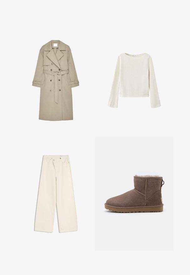 Beige Trenchcoat aus einem strukturierten Stoff, mit doppelt geknöpftem Front, breiten Revers, einem Gürtel und zwei seitlichen Taschen.; Off-white Langarmpullover mit weitem Rundhalsausschnitt und leicht ausgestellten Ärmeln, aus weichem Strickstoff gefertigt.; Off-White weite Hosen mit Vordertaschen, Gürtelschlaufen und silbernen Knöpfen an Bund und Taschenrändern.; Braune Wildleder-Ankle-Boots mit einem weichen Fleece-Futter, einer abgerundeten Zehenpartie, gestickten Details und einer strukturierten Gummisohle für guten Halt.