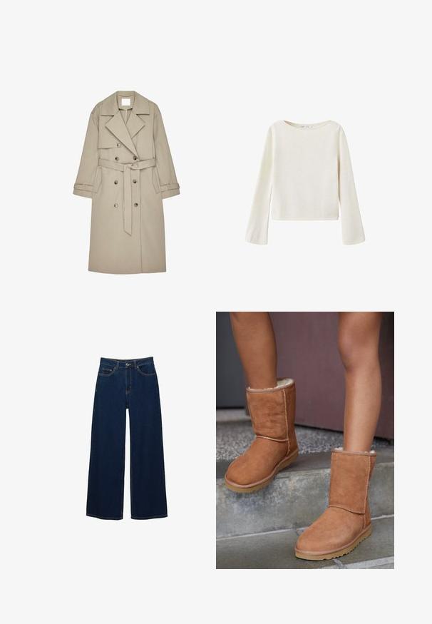 Beige trenchcoat gemaakt van een gestructureerde stof, met een dubbelzijdige voorkant, brede revers, een riem en twee zijzakken.; Off-white trui met lange mouwen, brede ronde halslijn en licht uitlopende mouwen, gemaakt van zachte gebreide stof.; Donkerblauwe jeans met brede pijpen van spijkerstof; voorzien van voorzakken en een knoopsluiting; opvallende stiksels langs de naden; geen patronen of versieringen.; Bruine suède enkellaarsjes met een ronde neus, zachte voering en een rubberen zool, met zichtbaar stiksel langs de naden.