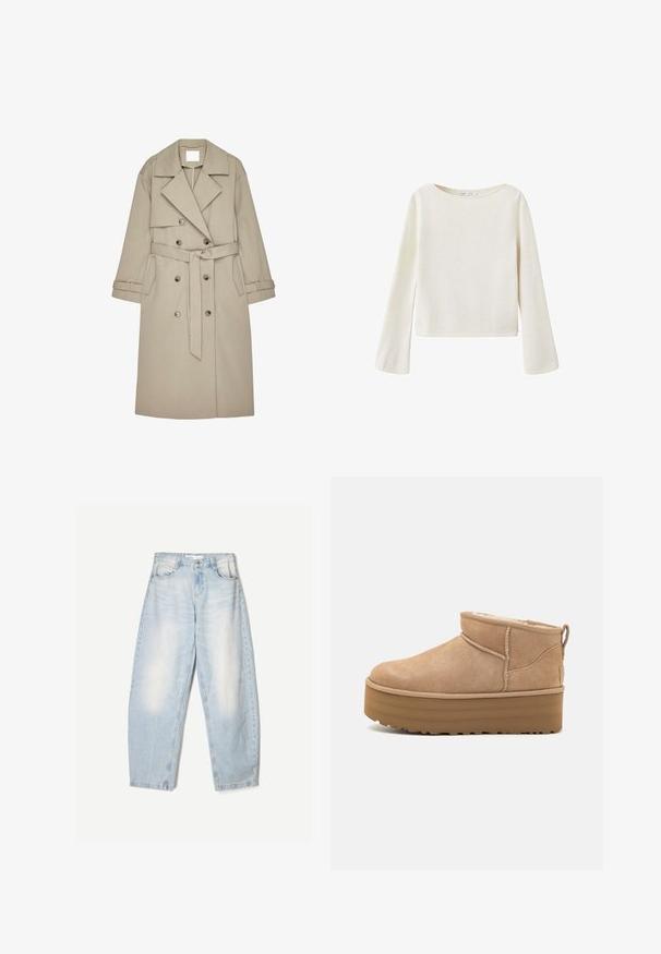 Beige trenchcoat lavet af et tekstureret stof, med en dobbeltradet front, brede revers, et bælte og to sidelommer.; Off-white langærmet sweater med bred rund halsudskæring og let udvidede ærmer, lavet af blødt strikket stof.; Lyseblå denimbukser med en loose fit, der har en falmet finish, to forlommer og en knaplukning i taljen.; Beige ruskinds ankelstøvler med et blødt indre, der har en platformssål og en strop bagpå for nem påtagning. Tekstureret gummisål.