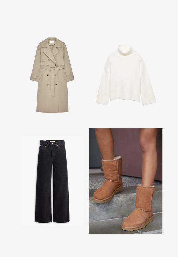 Beige Trenchcoat aus einem strukturierten Stoff, mit doppelt geknöpftem Front, breiten Revers, einem Gürtel und zwei seitlichen Taschen.; Weißer Rollkragenpullover aus weichem Stoff mit lockerem Schnitt, überschnittenen Schultern und breiten, gerippten Bündchen und Saum.; Schwarze weite Jeans aus Denim mit fünf Taschen, Kupferrivets und einem klassischen Knopfverschluss. Glatte Textur mit einem klaren Design.; Braune Wildleder-Stiefeletten mit runder Spitze, weicher Innenausstattung und Gummisohle, die über sichtbare Nähte entlang der Nähte verfügen.