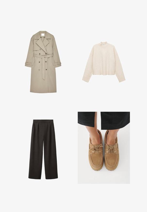 Beige Trenchcoat aus einem strukturierten Stoff, mit doppelt geknöpftem Front, breiten Revers, einem Gürtel und zwei seitlichen Taschen.; Cremfarbener Pullover aus weichem Material, mit hohem Kragen, überschnittenen Schultern und einem kurzen Design mit gerippten Säumen.; Schwarze Hose mit weitem Bein, glatter Textur, plissiertem Vorderteil und zwei Seitentaschen, mit tailliertem Bund.; Braune Wildlederschuhe mit abgerundetem Zehenbereich, strukturierten Schnürsenkeln und goldfarbenen Ösen, vor hellem Hintergrund.
